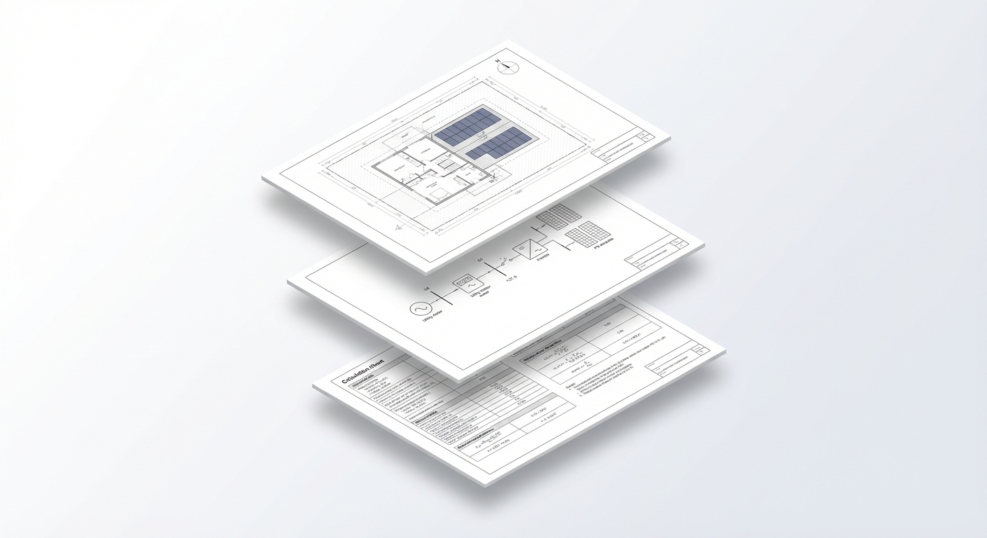 Solar permit package with site plan, electrical diagram, and calculation sheet